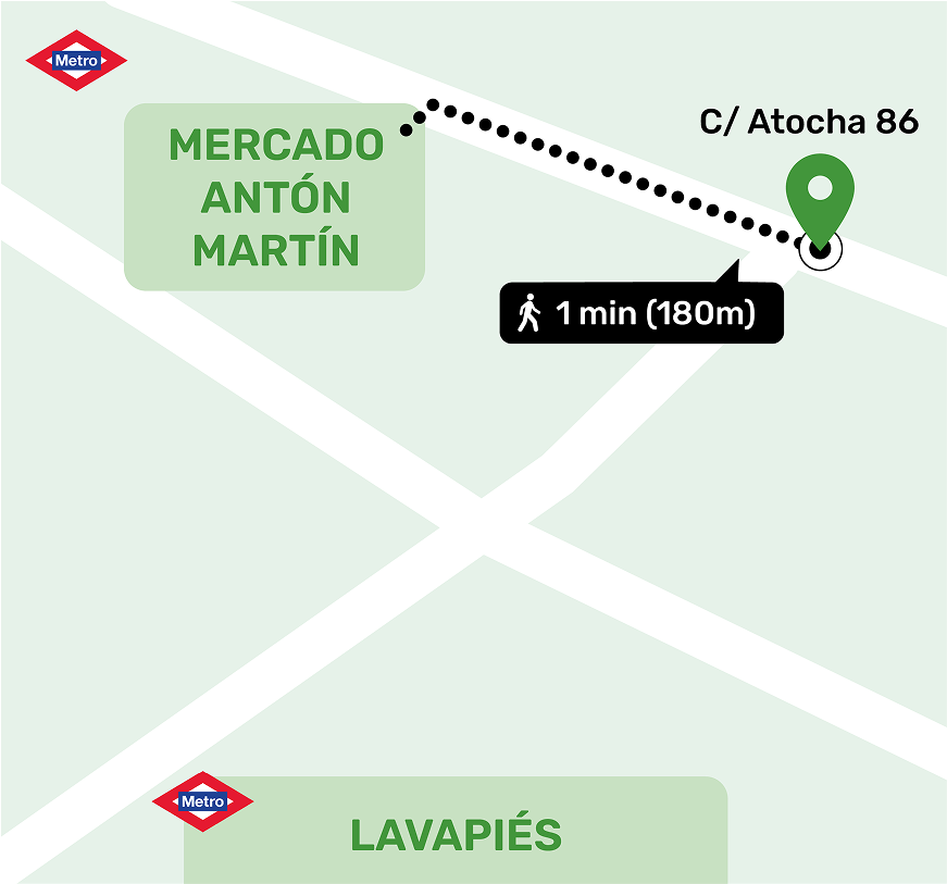 Mapa de ubicación del local de consignas en Atocha - Lavapiés, Madrid mostrando la dirección y lugares cercanos