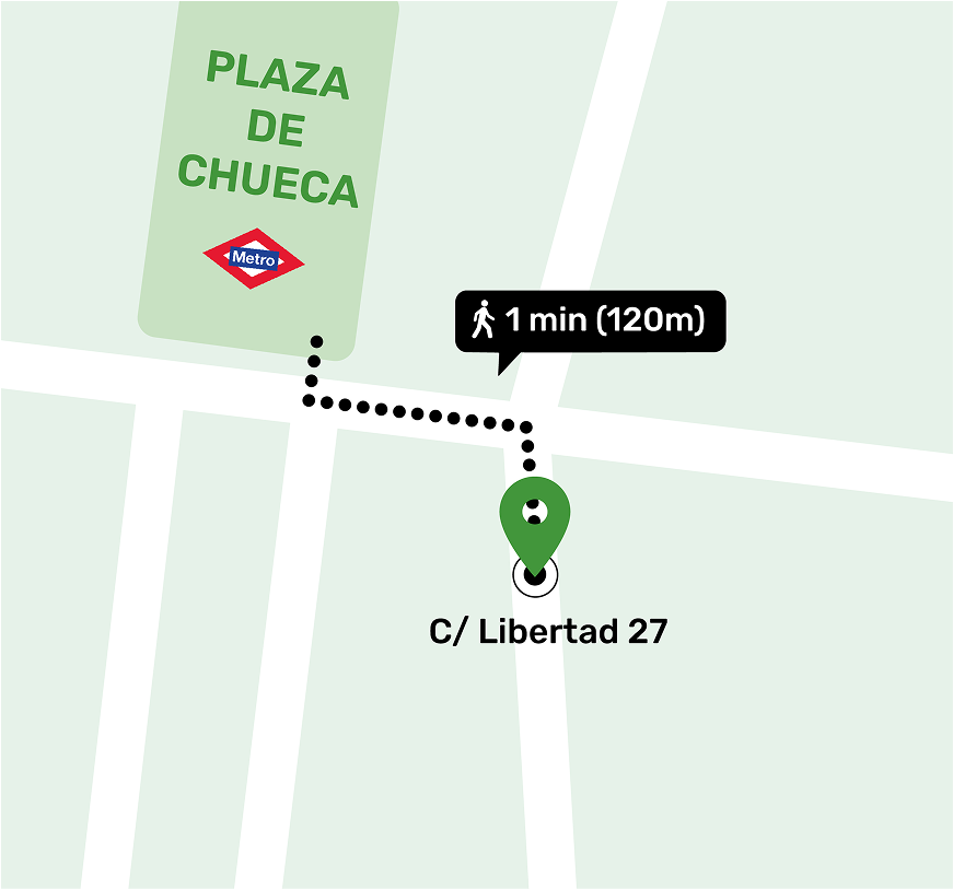 Mappa di localizzazione del deposito bagagli a Chueca, Madrid che mostra l'indirizzo e i luoghi nelle vicinanze