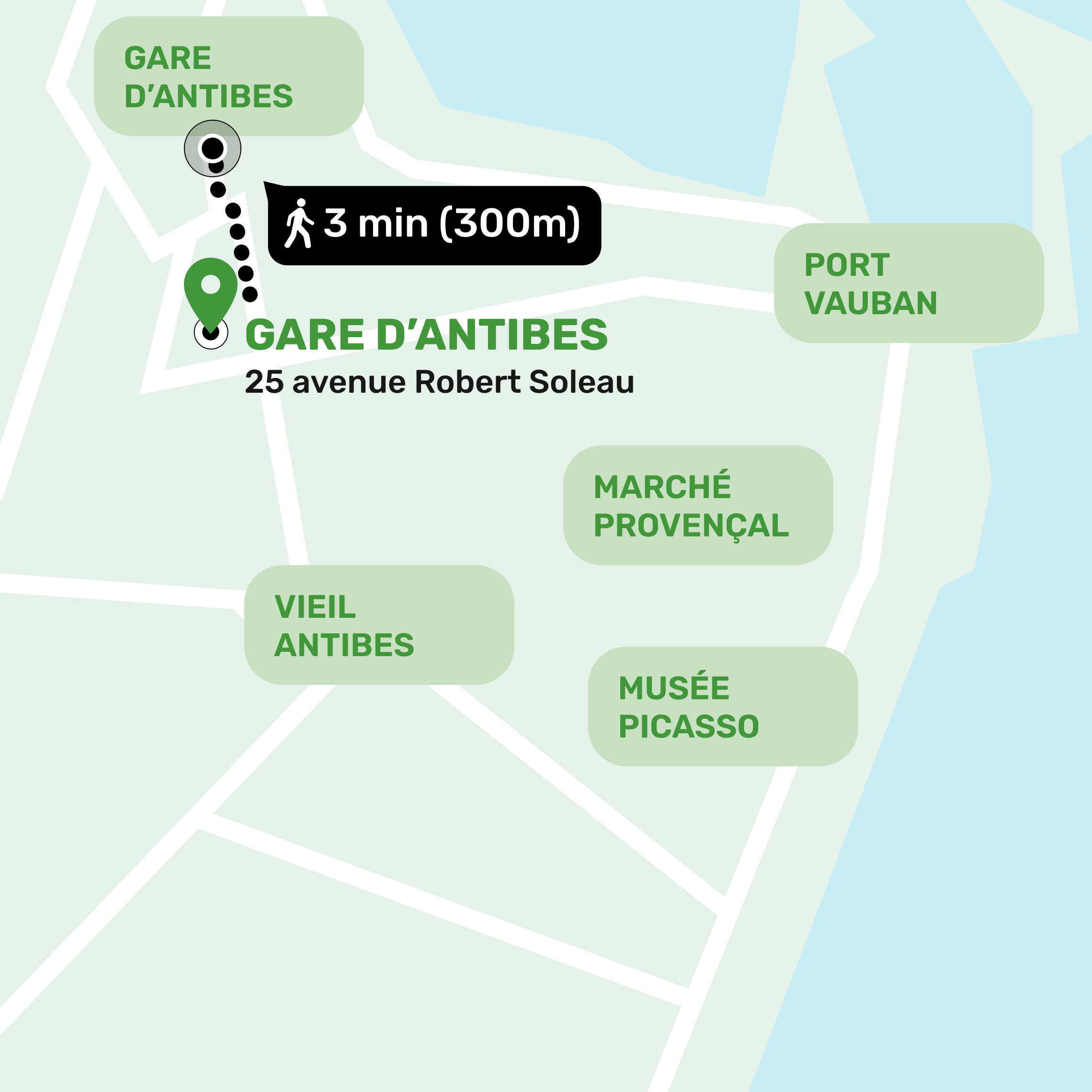 Map showing the location of the storage facility in Gare d'Antibes | Musée Picasso, Antibes with address and nearby places