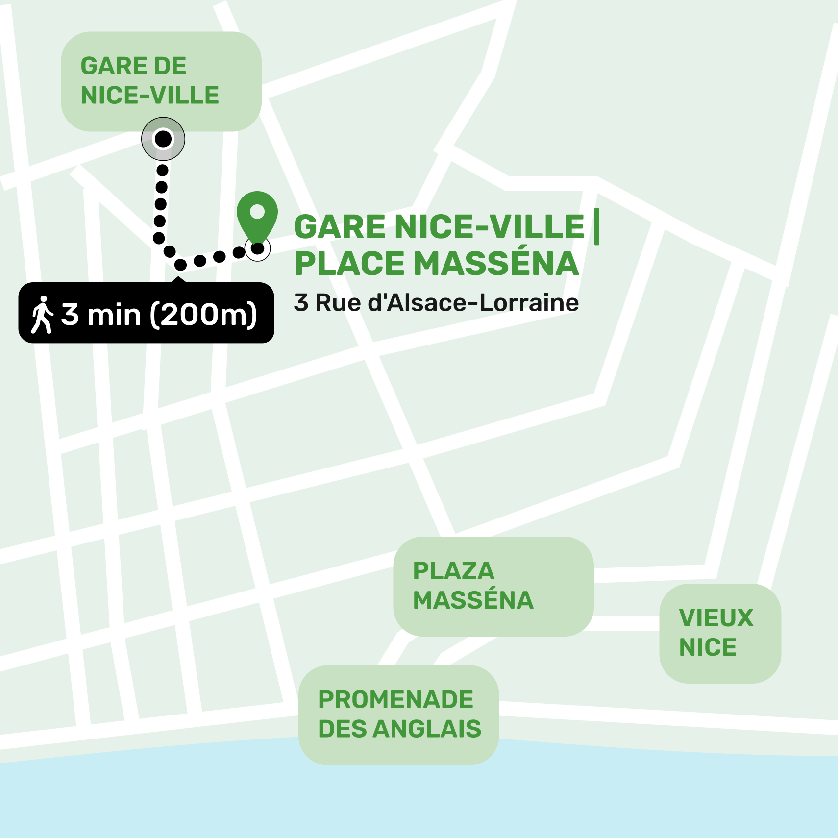 Carte de localisation de la consigne à Gare Nice-Ville | Place Masséna, Nice indiquant l'adresse et les lieux à proximité
