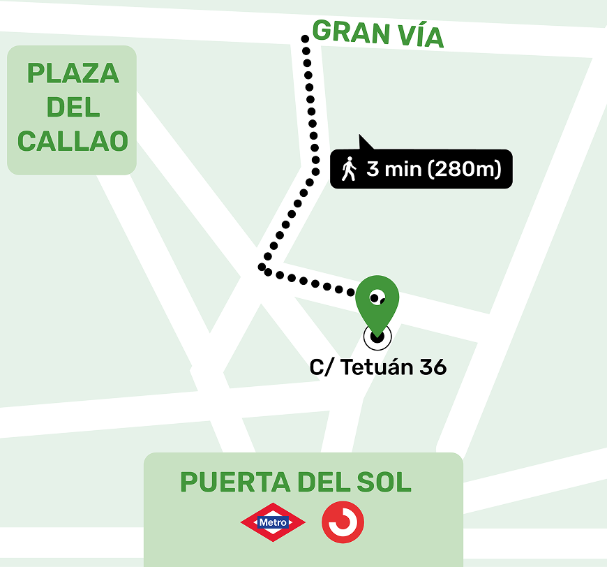 Carte de localisation de la consigne à Gran Vía, Madrid indiquant l'adresse et les lieux à proximité