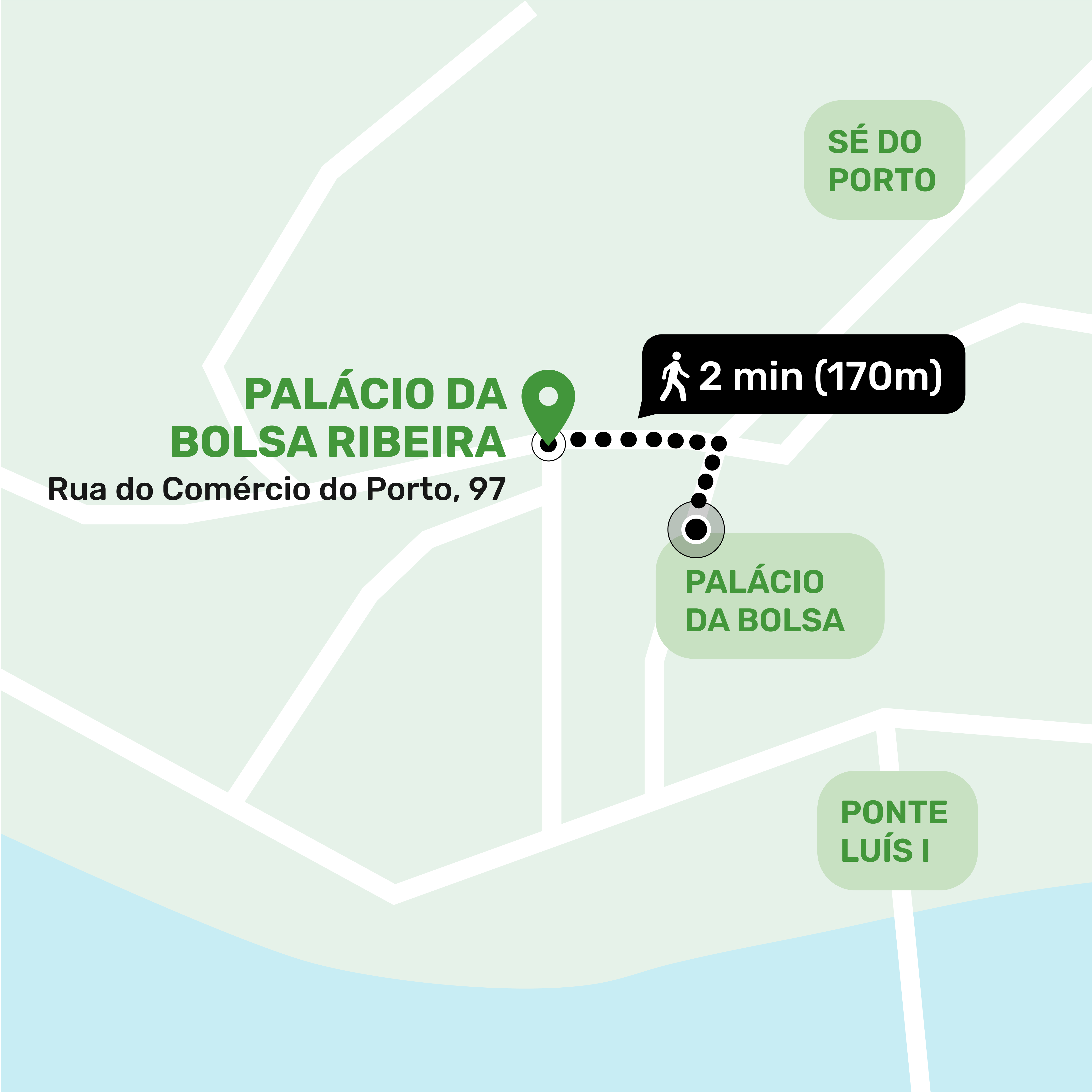 Mapa de ubicación del local de consignas en Palacio de la Bolsa, Oporto mostrando la dirección y lugares cercanos
