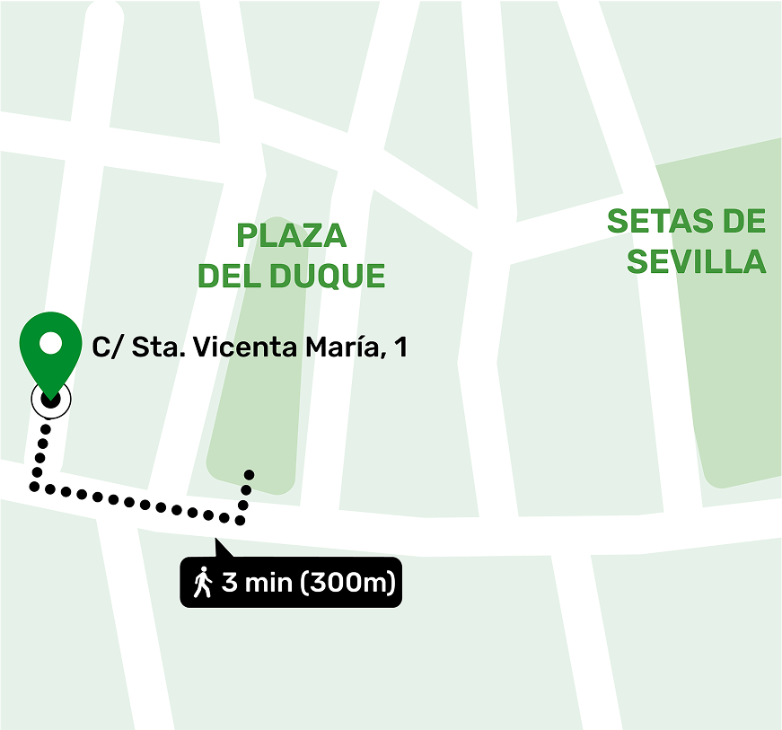 Mapa de ubicación del local de consignas en Plaza del Duque, Sevilla mostrando la dirección y lugares cercanos