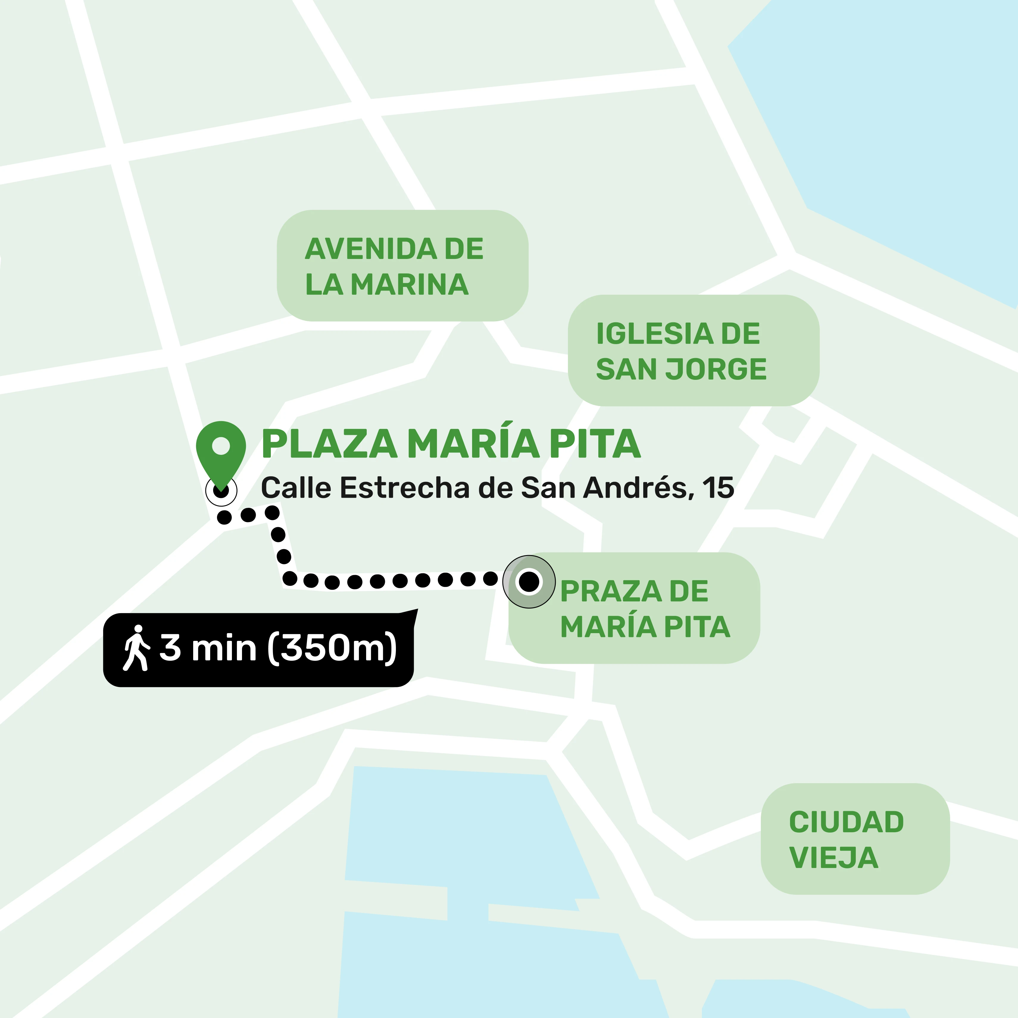 Mapa de ubicación del local de consignas en Plaza María Pita, A Coruña mostrando la dirección y lugares cercanos