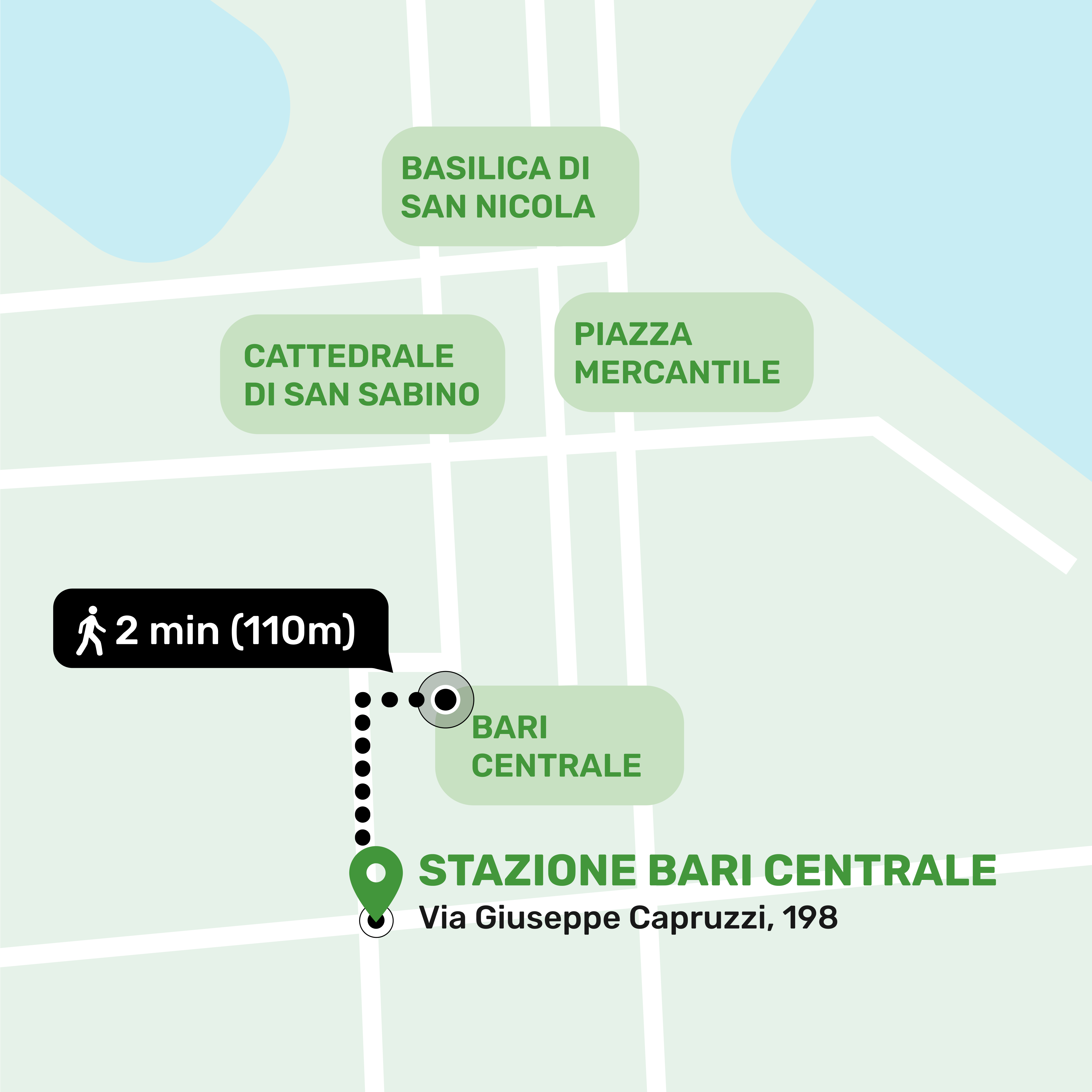 Mapa de ubicación del local de consignas en Stazione Centrale, Bari mostrando la dirección y lugares cercanos