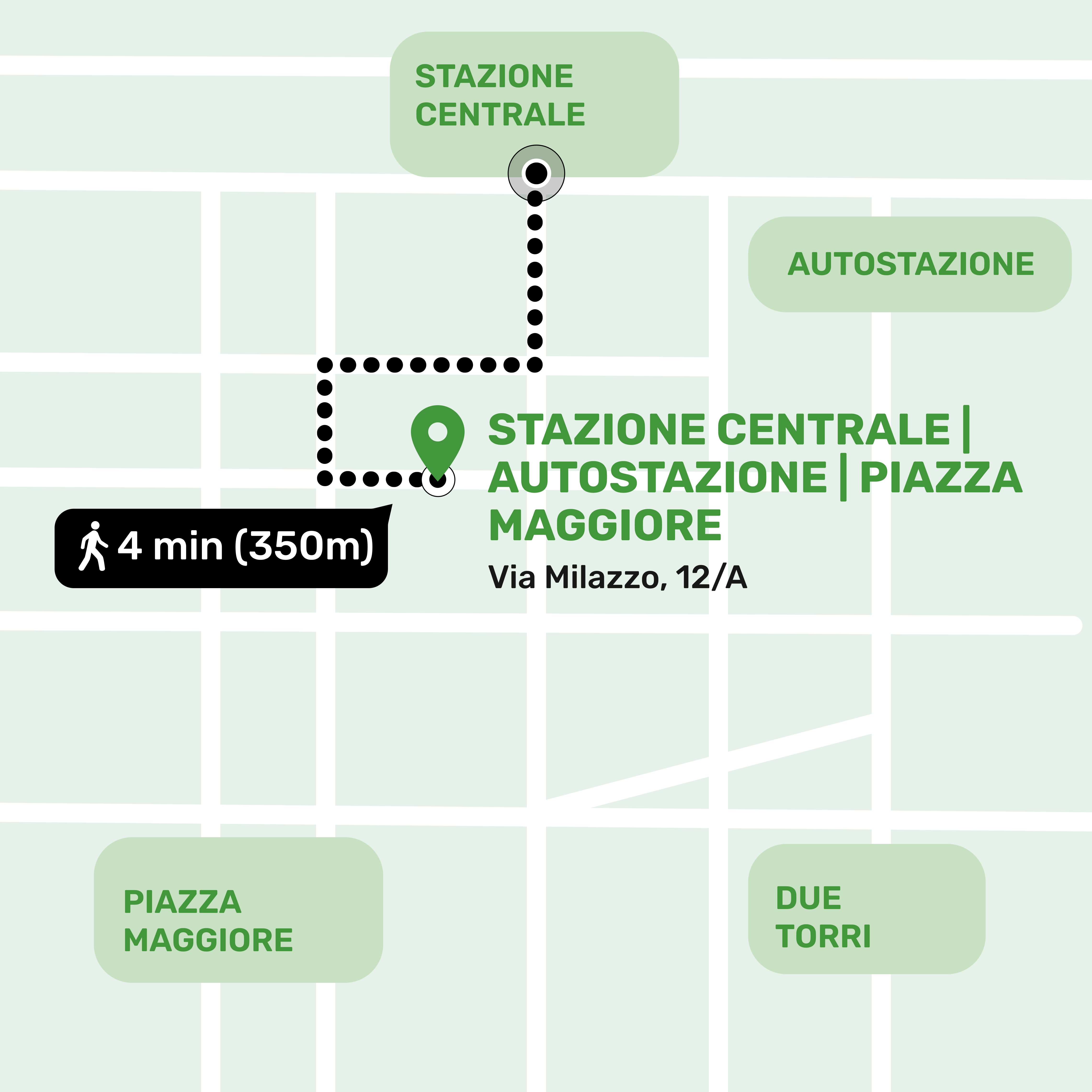 Mapa de ubicación del local de consignas en Stazione Centrale | Autostazione | Piazza Maggiore, Bolonia mostrando la dirección y lugares cercanos